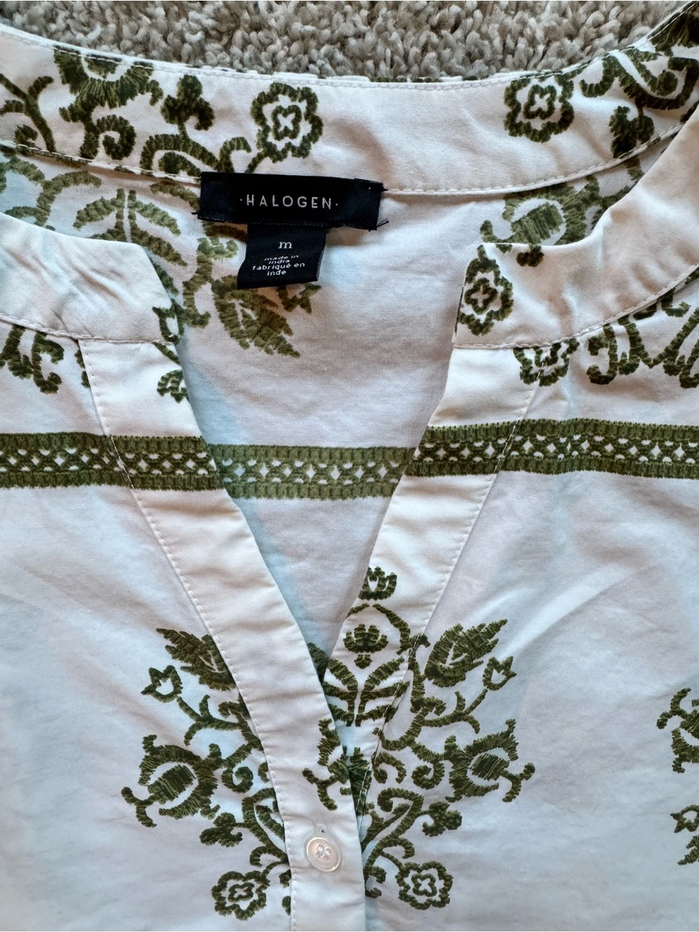 Halogen Women’s Embroidered Blouse Medium Ivory Olive Print Button Peplum Top - Picture 4 of 9